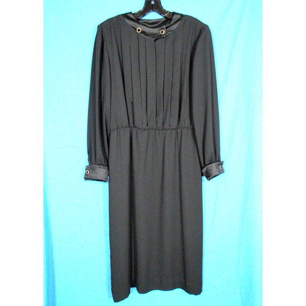 VTG HENRY LEE BLACK Lined CREPE Pleated SATIN TRIM French Cuffs BLOUSON DRESS 10